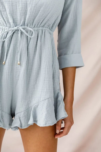 Three Quarter Sleeve Drawstring Textured Grey Romper