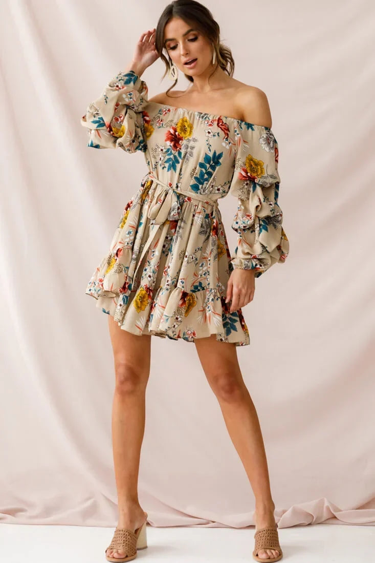 Off Shoulder Bishop Sleeve Floral Tie Waist Beige Mini Dress