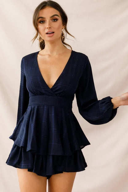 Long Sleeve Plunge Tiered Ruffle Navy Romper