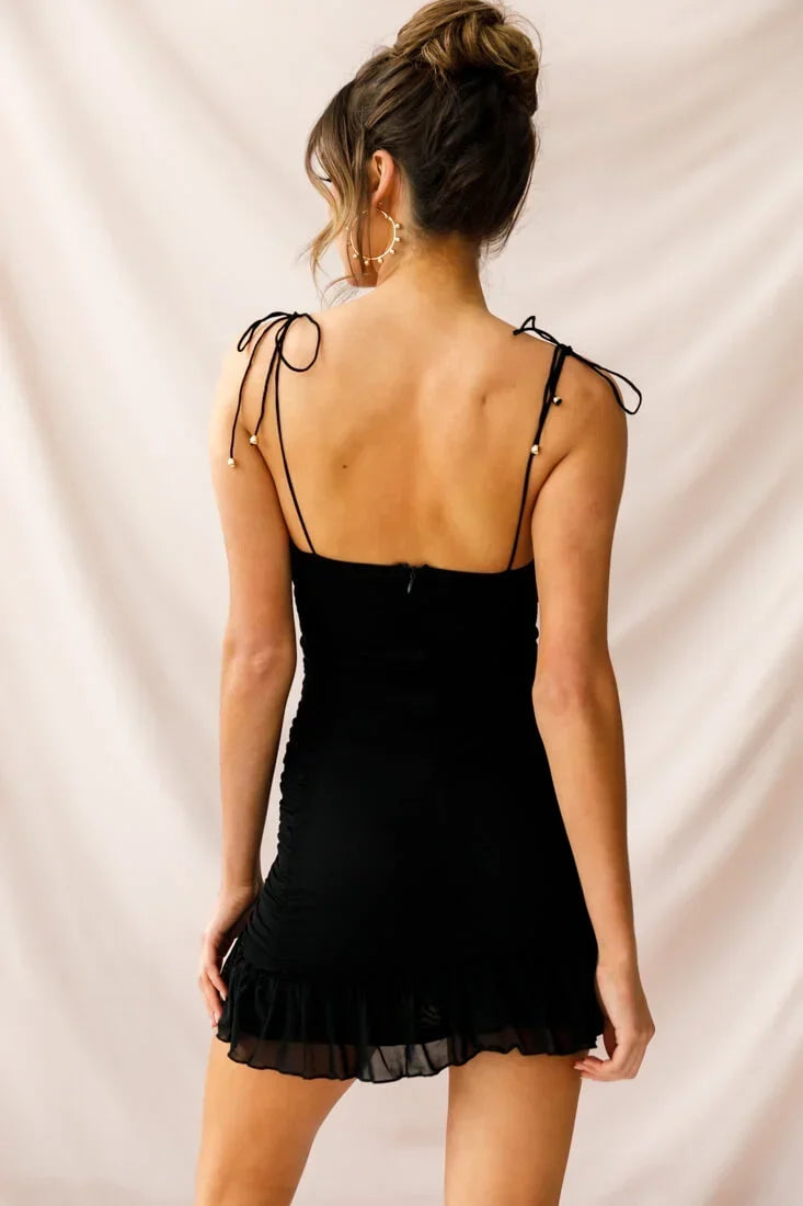 Spaghetti Strap Sweetheart Ruched Mesh Ruffle Black Mini Dress