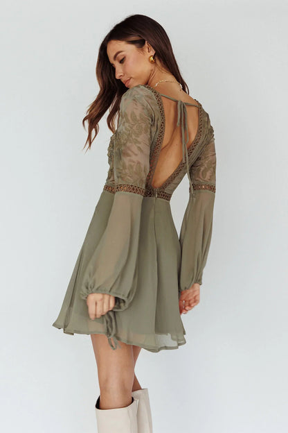 Plunge Long Sleeve Crochet Trim Flared Olive Mini Dress