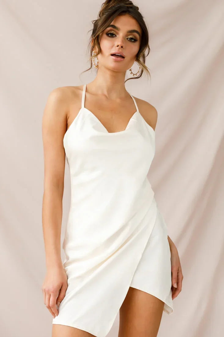 Spaghetti Strap Cowl Neck Wrap Asymmetric White Mini Dress