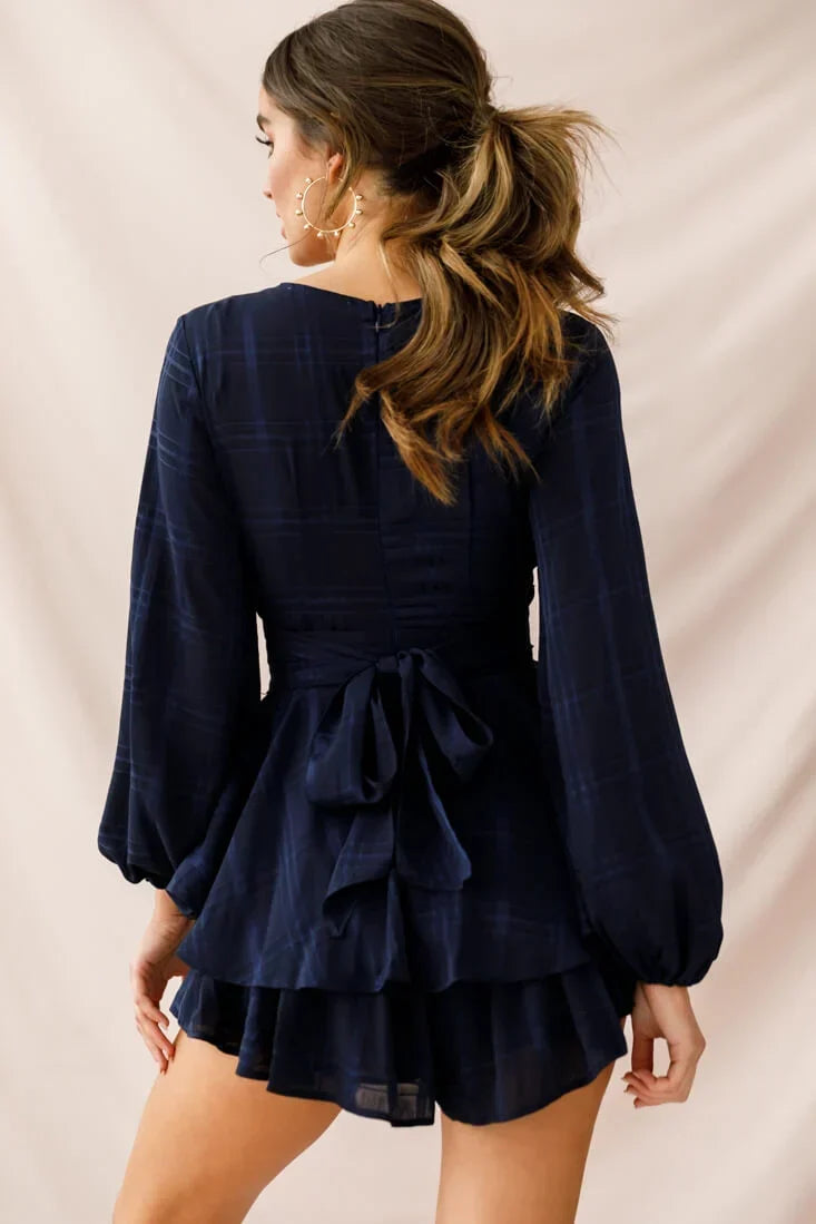 Long Sleeve Plunge Tiered Ruffle Navy Romper
