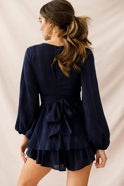 Long Sleeve Plunge Tiered Ruffle Navy Romper