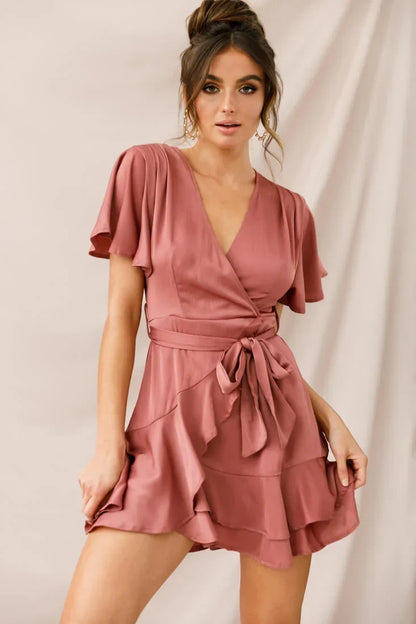 V Neck Flutter Sleeve Faux Wrap Tie Waist Rose Mini Dress