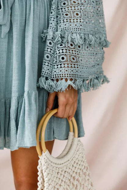 Off Shoulder Bell Sleeve Crochet Trim Tie Waist Sage Mini Dress