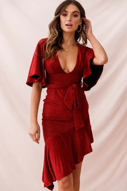 V Neck Flutter Sleeve Tie Waist Asymmetric Red Midi Dress