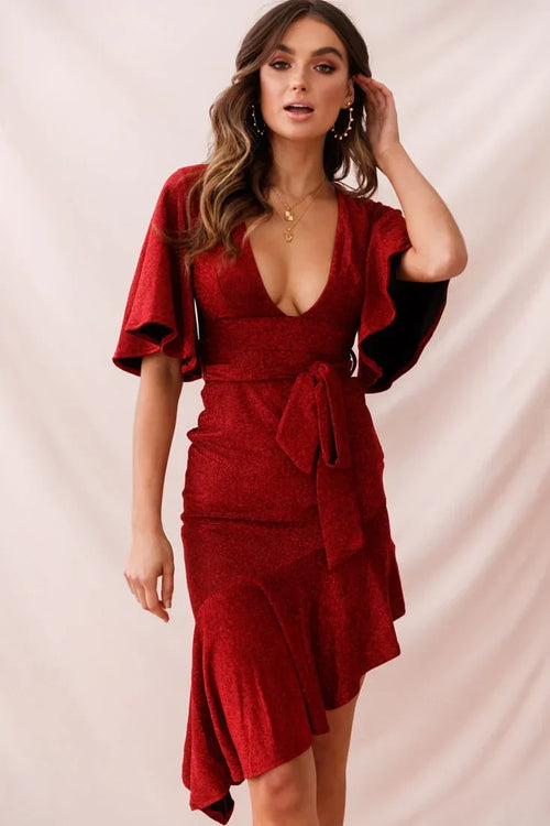 V Neck Flutter Sleeve Tie Waist Asymmetric Red Midi Dress