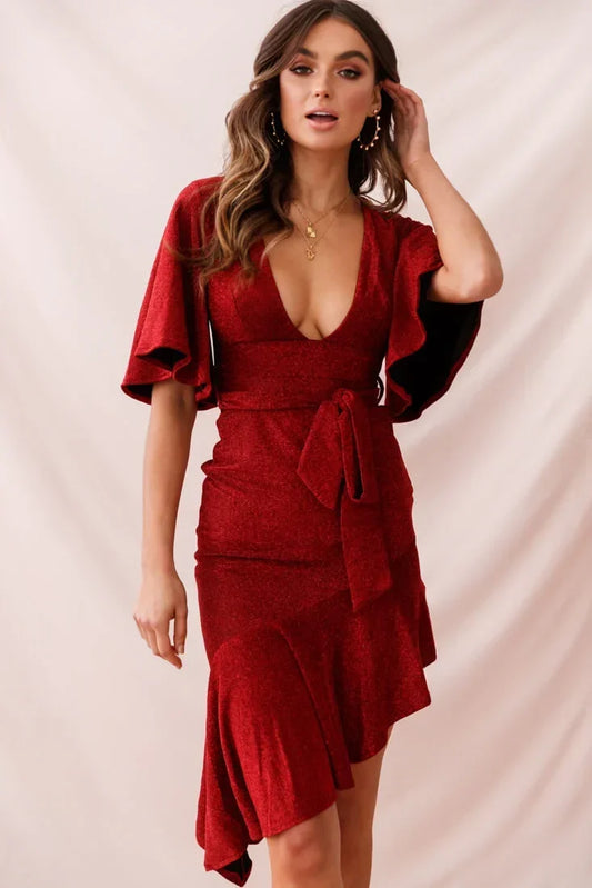V Neck Flutter Sleeve Tie Waist Asymmetric Red Midi Dress