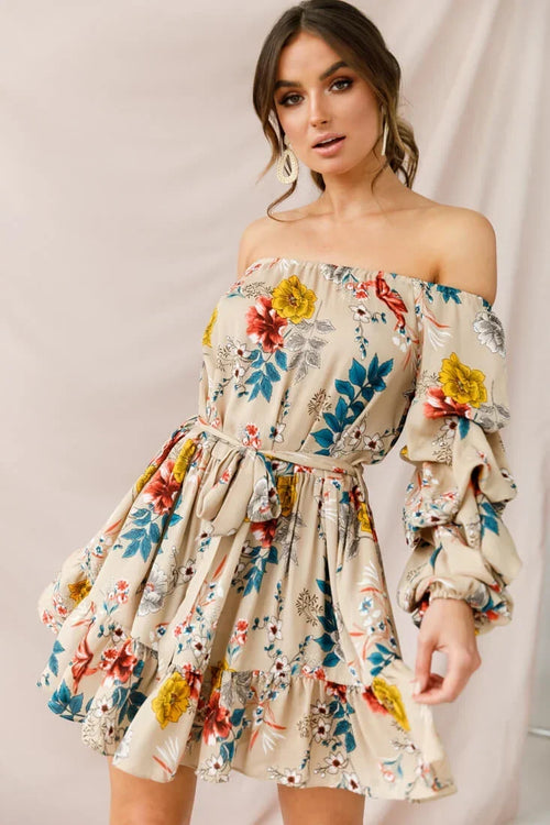 Off Shoulder Bishop Sleeve Floral Tie Waist Beige Mini Dress