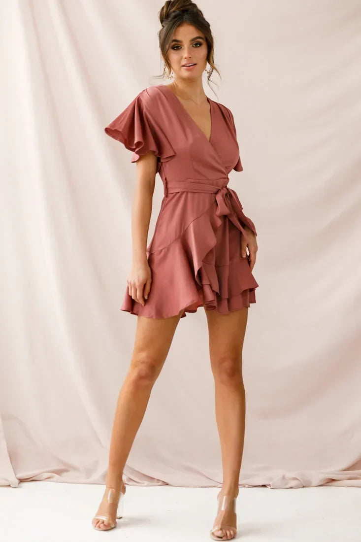 V Neck Flutter Sleeve Faux Wrap Tie Waist Rose Mini Dress
