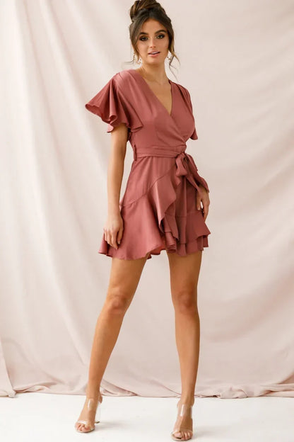 V Neck Flutter Sleeve Faux Wrap Tie Waist Rose Mini Dress