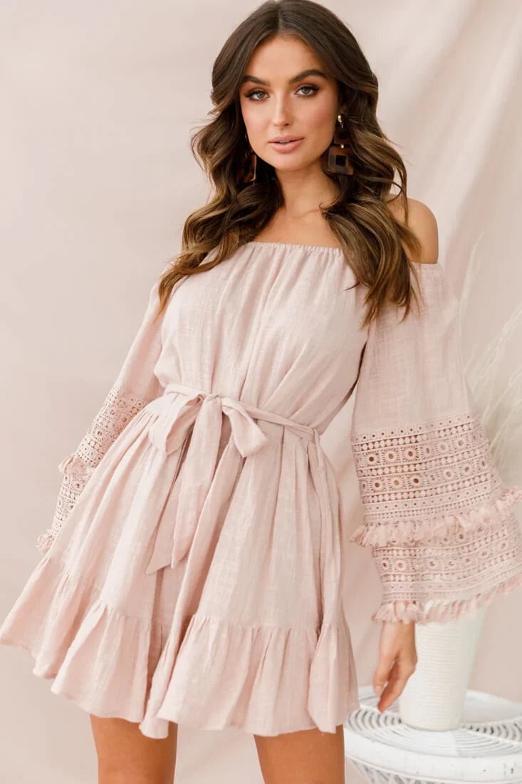 Off Shoulder Bell Sleeve Crochet Trim Tie Waist Blush Pink Mini Dress