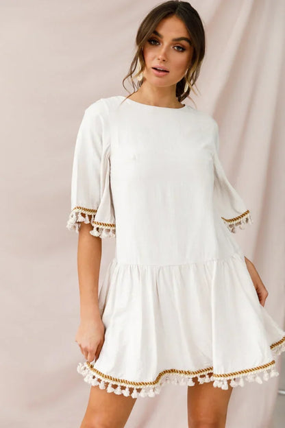 Bell Sleeve Tassel Trim Drop Waist Beige Mini Dress