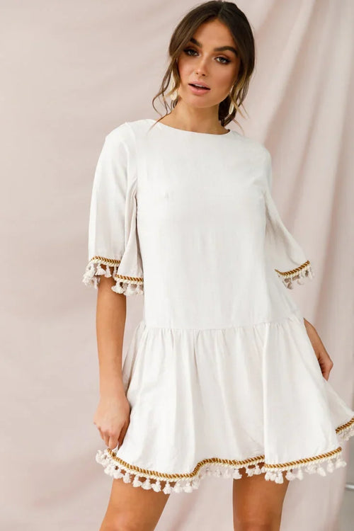 Bell Sleeve Tassel Trim Drop Waist Beige Mini Dress