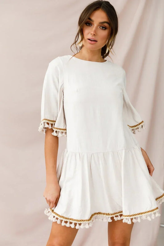 Bell Sleeve Tassel Trim Drop Waist Beige Mini Dress