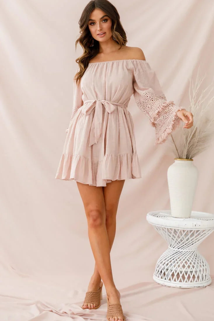 Off Shoulder Bell Sleeve Crochet Trim Tie Waist Blush Pink Mini Dress