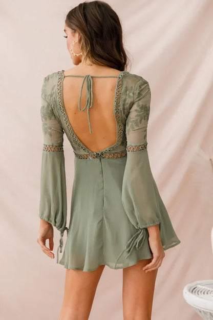 Plunge Long Sleeve Crochet Trim Flared Olive Mini Dress