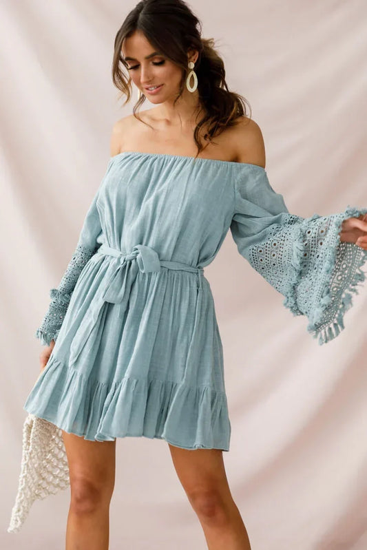 Off Shoulder Bell Sleeve Crochet Trim Tie Waist Sage Mini Dress