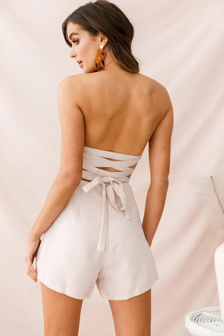 Strapless Asymmetric Wrap Skort Beige Romper