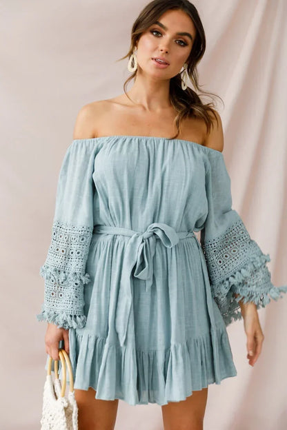 Off Shoulder Bell Sleeve Crochet Trim Tie Waist Sage Mini Dress