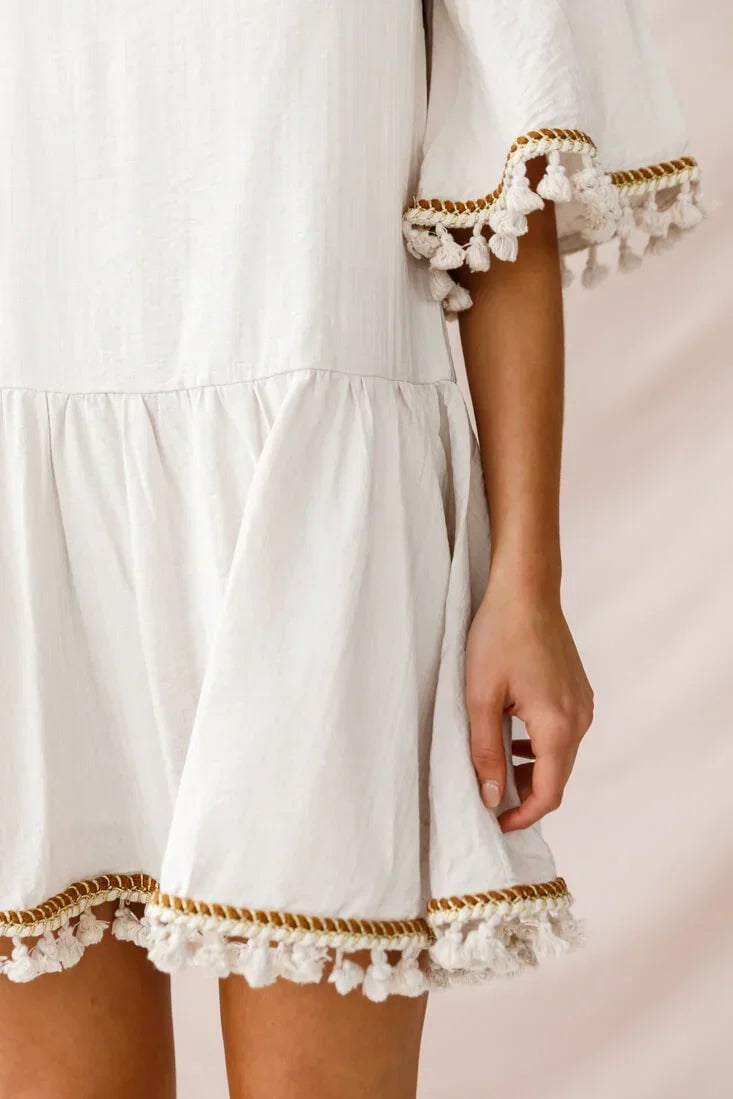 Bell Sleeve Tassel Trim Drop Waist Beige Mini Dress