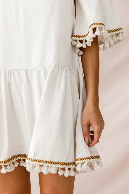 Bell Sleeve Tassel Trim Drop Waist Beige Mini Dress