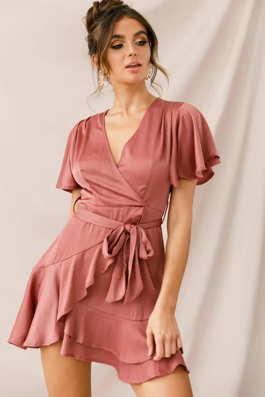 V Neck Flutter Sleeve Faux Wrap Tie Waist Rose Mini Dress