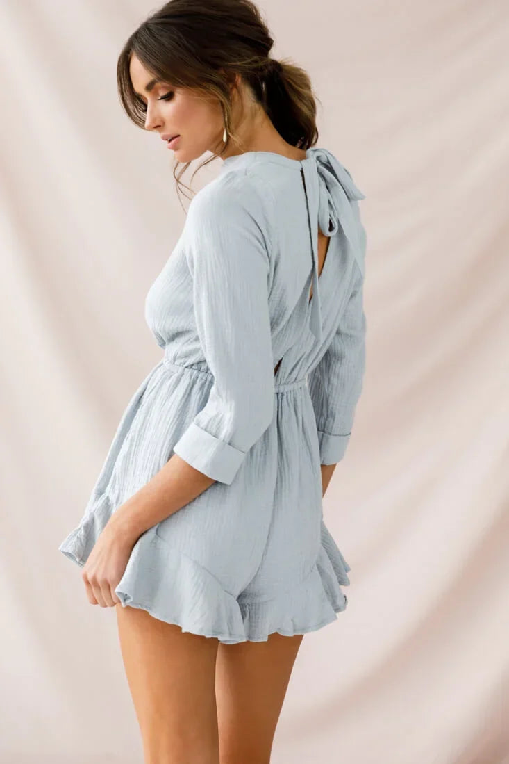 Three Quarter Sleeve Drawstring Textured Grey Romper