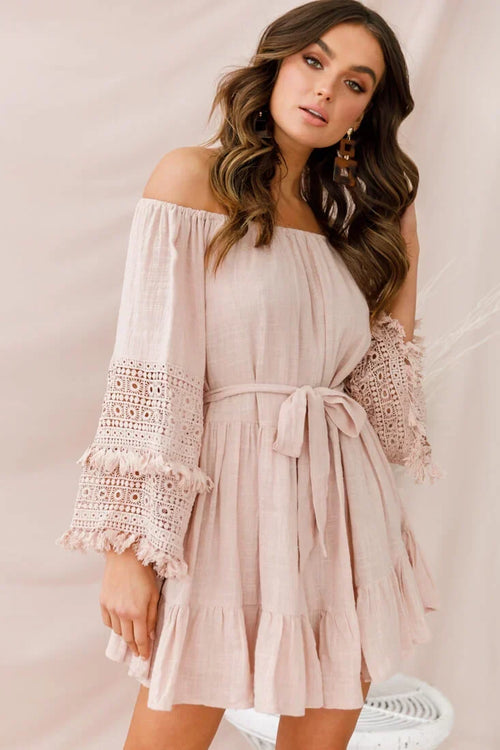 Off Shoulder Bell Sleeve Crochet Trim Tie Waist Blush Pink Mini Dress