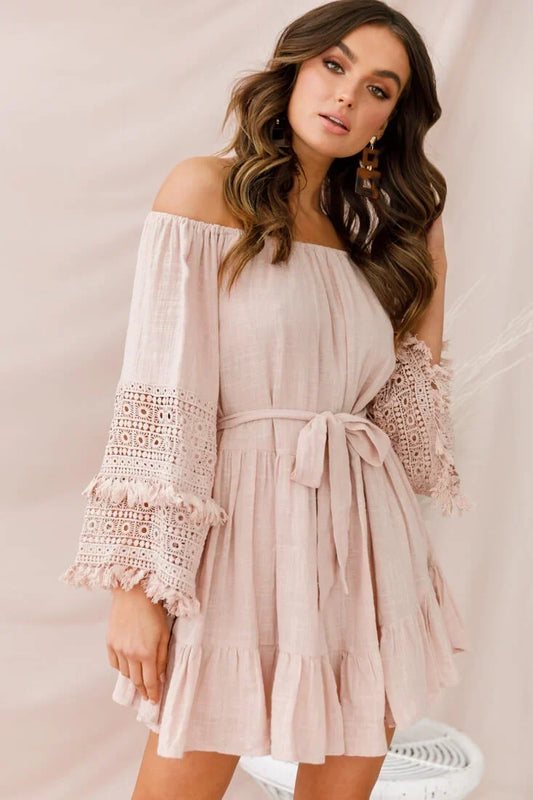 Off Shoulder Bell Sleeve Crochet Trim Tie Waist Blush Pink Mini Dress